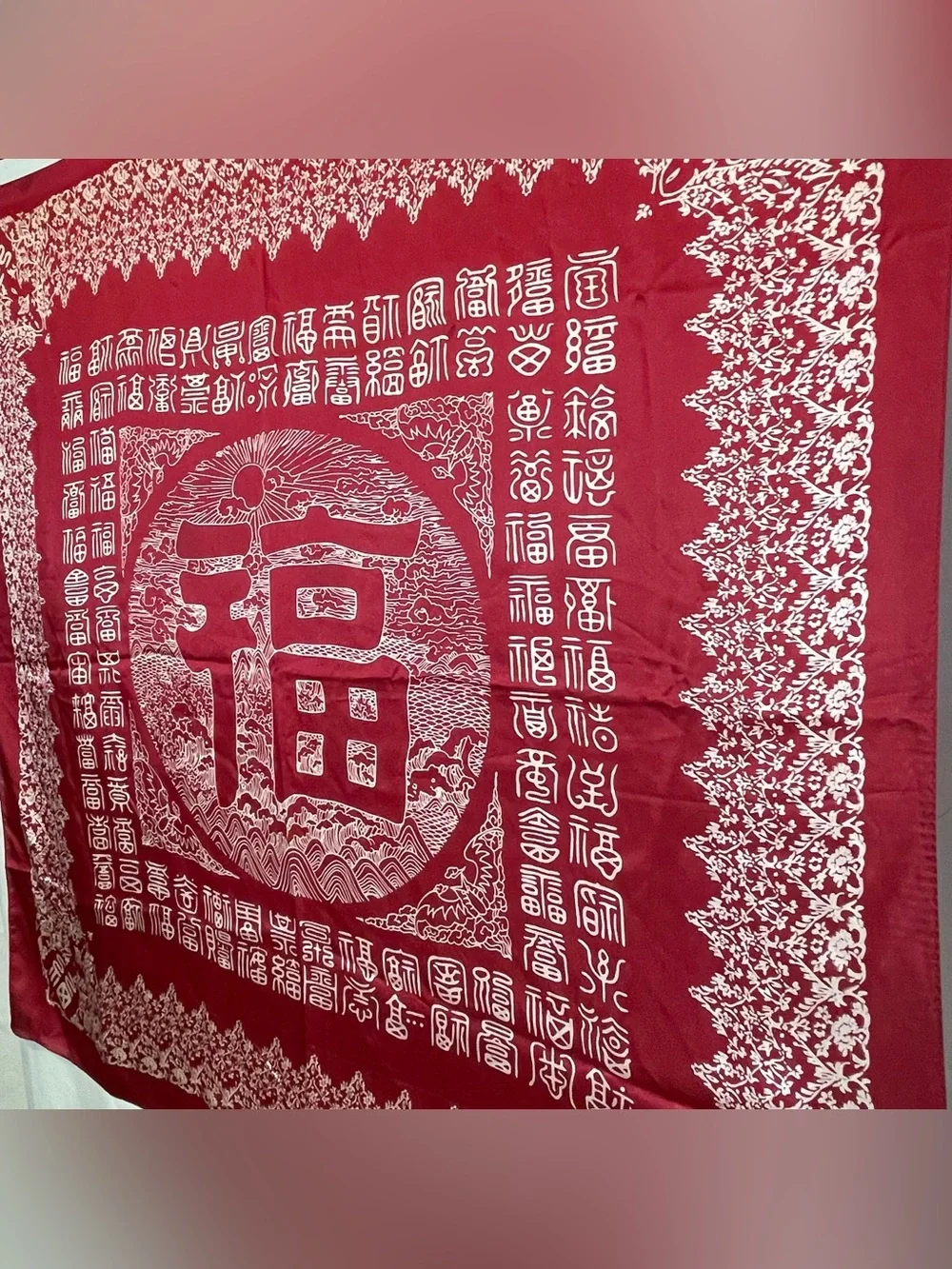 Vintage Red Silk Chinese 100 Fu Blessing Fortune Square Scarf Wall Hanging 40x40